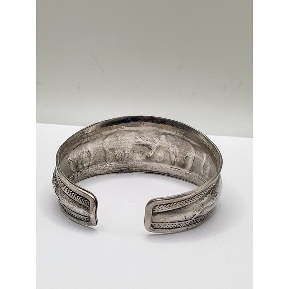 Vintage Elephant Cuff Bracelet Wide Metal Band Etched Design Boho Tribal Style - Picture 6 of 11